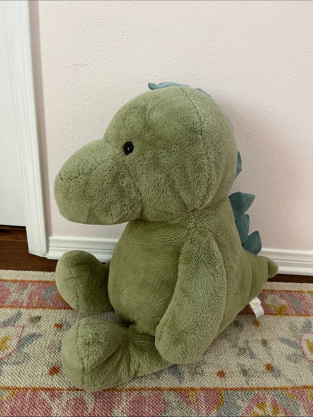 Plush Olive Green Dinosaur Toy with Teal Spikes